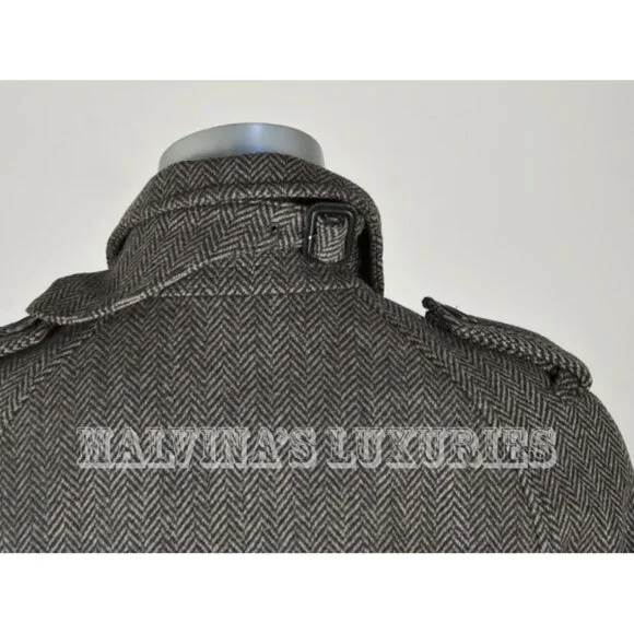 GUCCI COAT GREY WOOL HERRINGBONE DOUBLE BREASTED LONG JACKET IT42/ US6